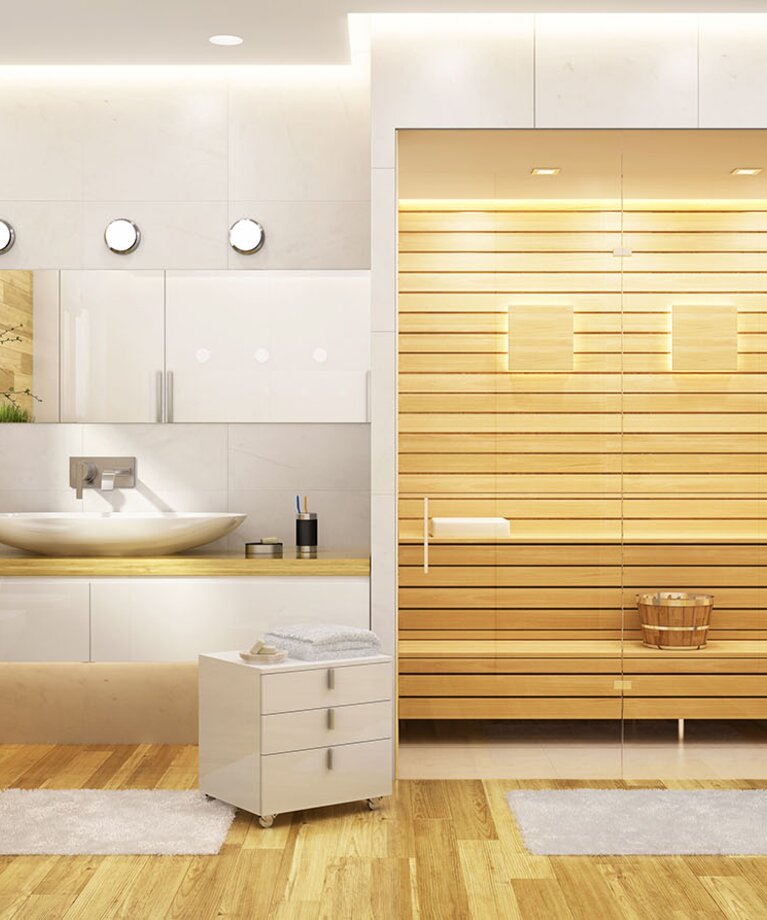 Modernes helles Badezimmer mit Sauna | © Adobe Stock