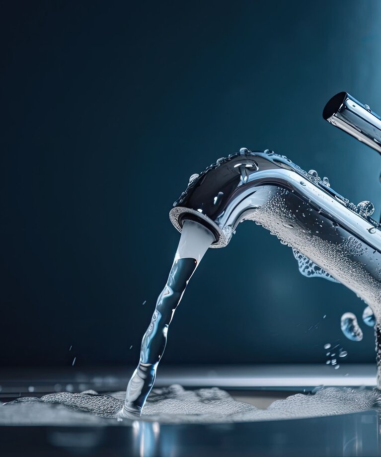 Fließendes Wasser aus einem Wasserhahn vor blauem Hintergrund | © Adobe Stock