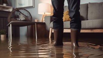 Mann mit Gummistiefel steht in einem überfluteten Haus  | © Adobe Stock