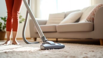 Junge Frau staubsaugt Teppich zu Hause, Nahaufnahme | © Adobe Stock